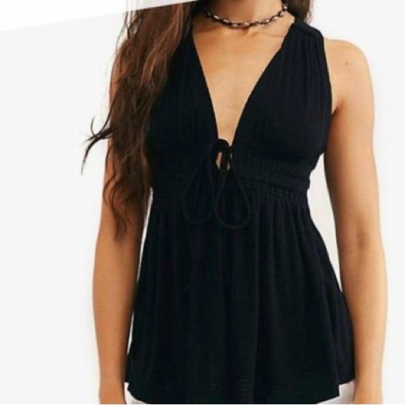 Free people beach bound plunging V smock black tank top - Picture 1 of 5